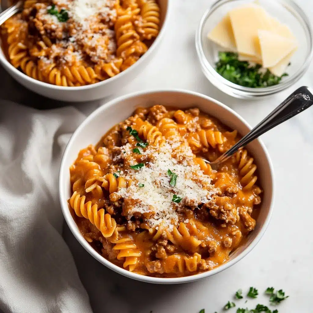 One Pot Creamy Tomato Beef Pasta Recipe - Recipe Image