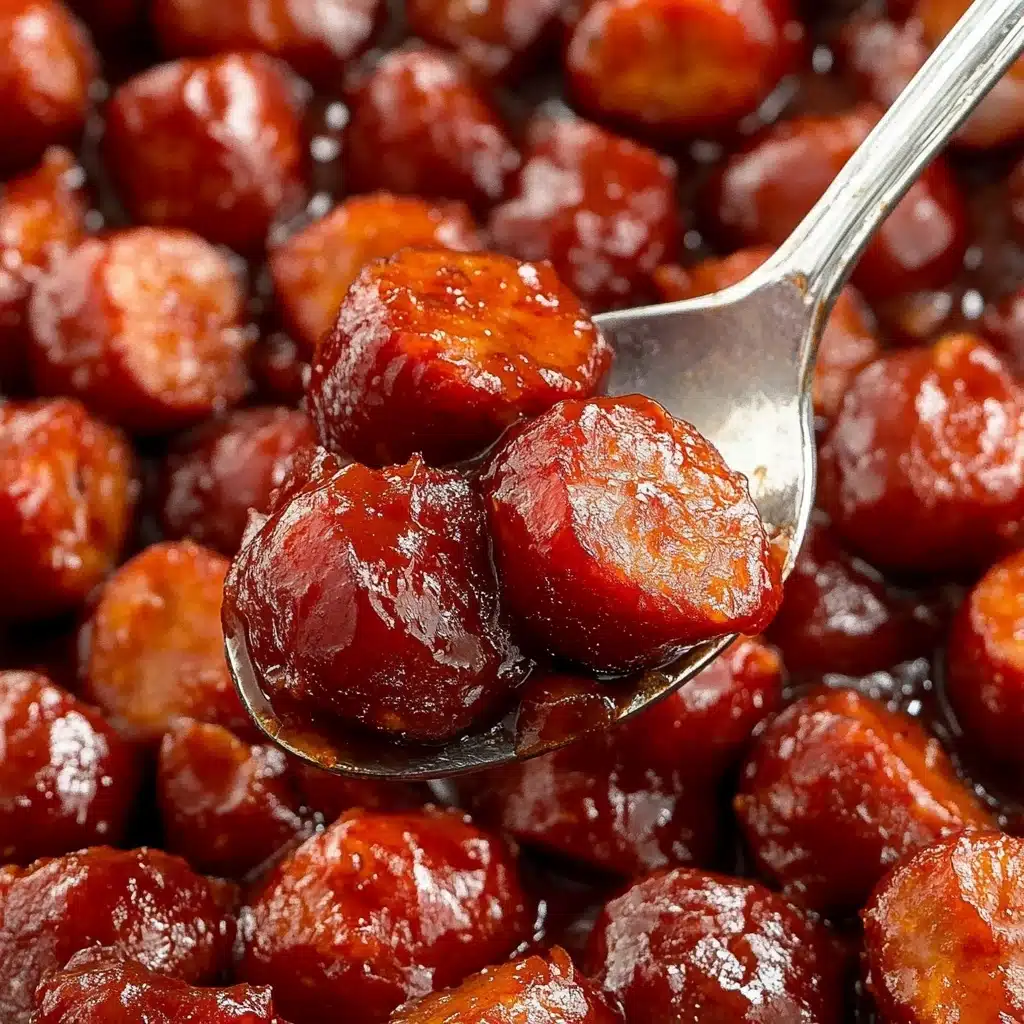 BBQ Sausage Bites, easy appetizer recipes, game day snacks, party appetizer ideas, savory sausage bites The image shows many small, round pieces of food covered in a thick, shiny red sauce. Each piece is a deep reddish-brown color with a smooth, glossy texture. A silver spoon holds a few pieces up in the middle of the image, showing the sauce glistening on their surfaces. The pieces are closely packed together, filling the frame with a rich, warm color. The background is a white marbled texture.