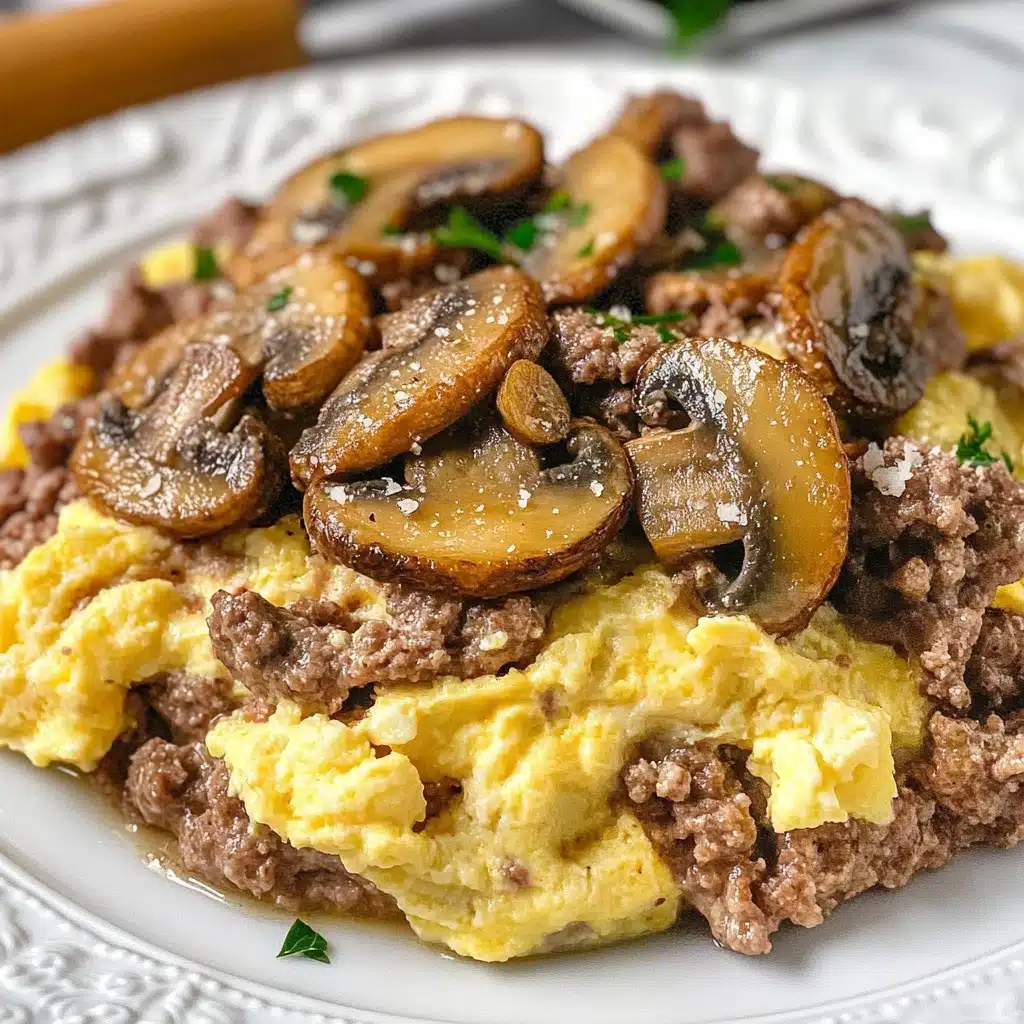 Hamburger Mushroom Bake, hearty beef mushroom casserole, creamy cheesy beef bake, easy mushroom beef casserole, comfort food dinner ideas The dish shows a close-up of a mix of scrambled eggs with ground meat and sautéed mushrooms on top, all placed on a white plate with a decorative edge. The bottom layer is the scrambled eggs, soft and light yellow, mixed thickly with chunks of brown ground meat, giving a rough texture. On top, there are several pieces of cooked mushrooms, golden brown with a shiny surface and bits of green herbs scattered over them. The mushrooms have a slightly crispy look with some light specks of grated cheese on their surface. The plate sits on a white marbled texture surface, and in the background, there is a wooden-handled kitchen tool slightly out of focus.