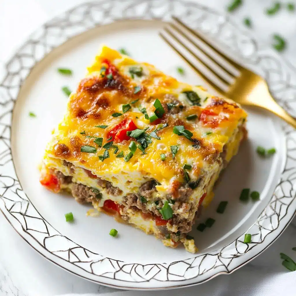 Sausage Hashbrown Breakfast Casserole, breakfast casserole with sausage and hashbrowns, savory breakfast bake, easy breakfast casserole recipe, make-ahead breakfast ideas A square piece of a baked egg dish sits on a white plate with a patterned rim on a white marbled surface. The dish has three visible layers: the top layer is golden yellow melted cheese with bits of red pepper and green herbs scattered throughout, the middle layer is pale yellow eggs mixed with cooked ground meat and more herbs, and the bottom layer is similar to the middle but slightly denser. On the plate, a gold fork holds a small bite showing all three layers clearly. Small green onion slices are sprinkled on top and around the dish.