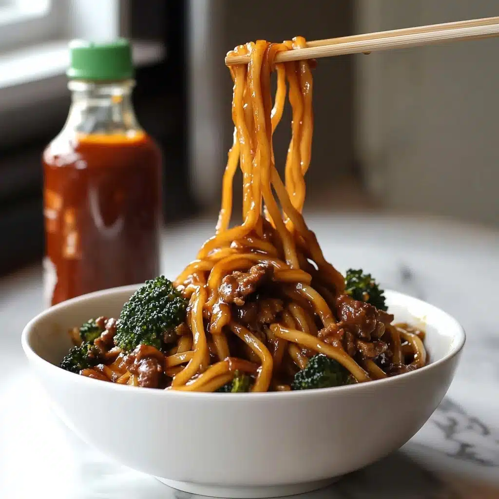 Beef and Broccoli Stir-Fry with Noodles, quick beef stir-fry recipes, easy weeknight dinner ideas, healthy Asian noodle dishes, flavorful beef and broccoli dish A white bowl holds a serving of thick, orange-brown noodles mixed with dark green broccoli and pieces of brown meat. The noodles are glossy and coated with sauce. A woman's hand is lifting some noodles with light-colored chopsticks above the bowl, showing long strands hanging down. The bowl sits on a white marbled surface, and in the background, a bottle of red sauce with a green top and blurred kitchen details can be seen.