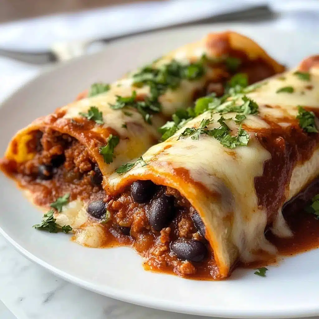 Beef Enchiladas, enchiladas recipe, cheesy beef enchiladas, easy Mexican dinner, homemade enchilada sauce Two rolled tortillas lie side by side on a white plate, each filled with a dark, finely ground meat mixed with small black beans. The tortillas are covered with a bright red sauce, topped with melted pale yellow cheese that melts into the sauce. Small pieces of fresh green herbs are sprinkled on top, adding color contrast. The white plate sits on a white marbled surface, and a silver fork can be seen blurred in the background.