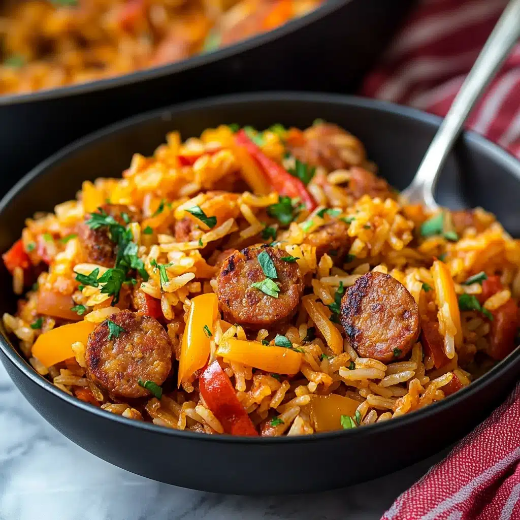 Sausage and Rice Skillet, sausage and rice skillet recipe, easy sausage skillet dinner, quick one-pan sausage rice, hearty skillet meal A close-up of a black bowl filled with cooked rice mixed with sliced sausage pieces, red and yellow bell pepper strips, and garnished with green herbs. The rice is orange-brown in color, showing that it is seasoned, and the sausage slices have a browned texture. The bowl is placed on a white marbled surface with a silver spoon resting inside. In the blurred background, there is a large pan filled with more of the rice dish and a red and white striped cloth beside it.