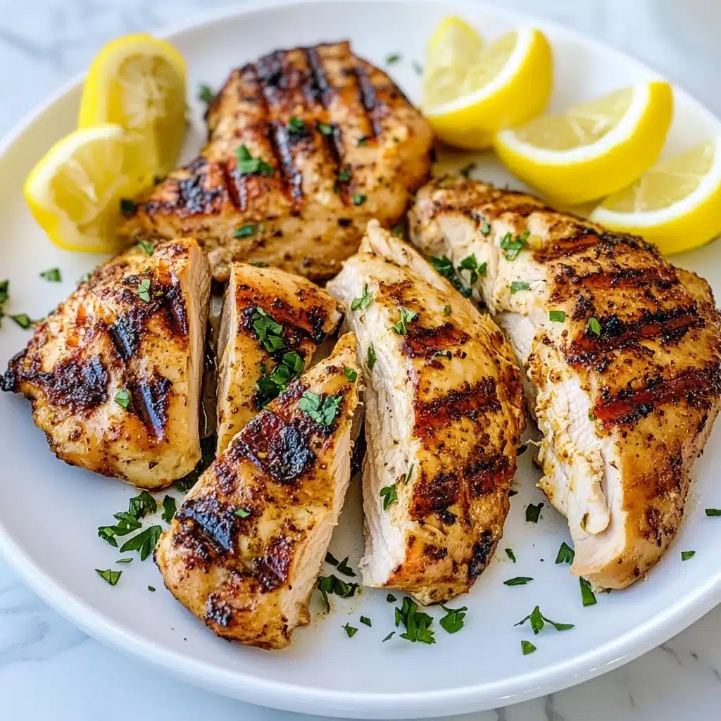 Grilled Juicy Ginger-Lemon Chicken, chicken marinade ideas, lemon garlic grilled chicken, easy summer chicken recipes, healthy grilled chicken A white plate holds two large grilled chicken pieces with a golden-brown color and dark grill marks. In front, one grilled chicken piece is sliced into several thick strips showing a light interior with browned edges. Bright yellow lemon wedges are placed around the chicken, some leaning against the meat. Green chopped herbs are sprinkled lightly on top of the chicken and lemons, adding freshness. The plate sits on a white marbled surface.