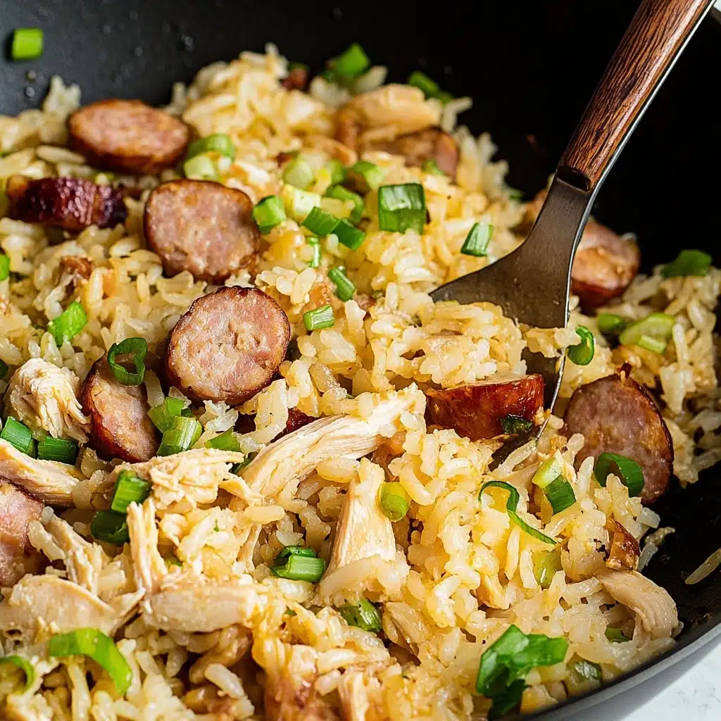 Chicken and Sausage Cajun Jambalaya, Cajun Jambalaya recipe, easy Cajun jambalaya, one-pot Cajun dinner, hearty jambalaya recipe The image shows a close-up of a black pan filled with a mixed dish of light golden yellow rice, brown sliced sausage pieces, and light beige shredded cooked chicken. Bright green chopped green onions are scattered throughout the dish on top of the rice and meat, adding a fresh color contrast. A silver spoon with a dark wooden handle is partially buried in the food, scooping up a mix of rice, sausage, and green onion. The surface beneath the pan is a white marbled texture.