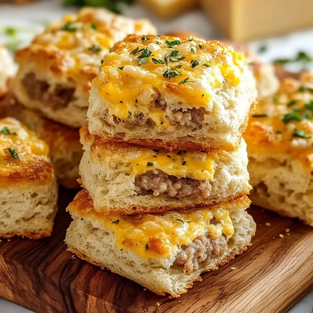 Sausage Cheese Butter Swim Biscuits, savory breakfast biscuits, cheesy sausage biscuits, fluffy comfort food, easy brunch recipes The image shows a close-up of several square biscuits stacked on a wooden board. Each biscuit has two layers: a soft, fluffy, light beige biscuit layer on the bottom and top, and a middle layer filled with melted yellow cheese and crumbled seasoned sausage. The biscuit tops are golden brown with small green herb sprinkles and a slightly crispy texture. The background has a white marbled surface with blurred items including cheese slices and some green herbs.