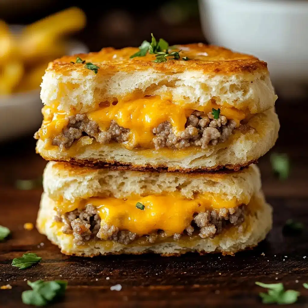 Sausage Cheese Butter Swim Biscuits, savory breakfast biscuits, cheesy sausage biscuits, fluffy comfort food, easy brunch recipes The image shows a stacked sandwich made of two biscuit layers with a golden-brown crust. Between the biscuits is a layer of cooked ground meat with a slightly crumbly texture and a layer of melted bright orange cheddar cheese that is oozing slightly over the meat. The top biscuit is garnished with a few small green herb leaves. The sandwich is placed on a dark wooden surface with small green herb leaves scattered around, and there is a blurred white bowl with what looks like golden fries or similar food in the background.