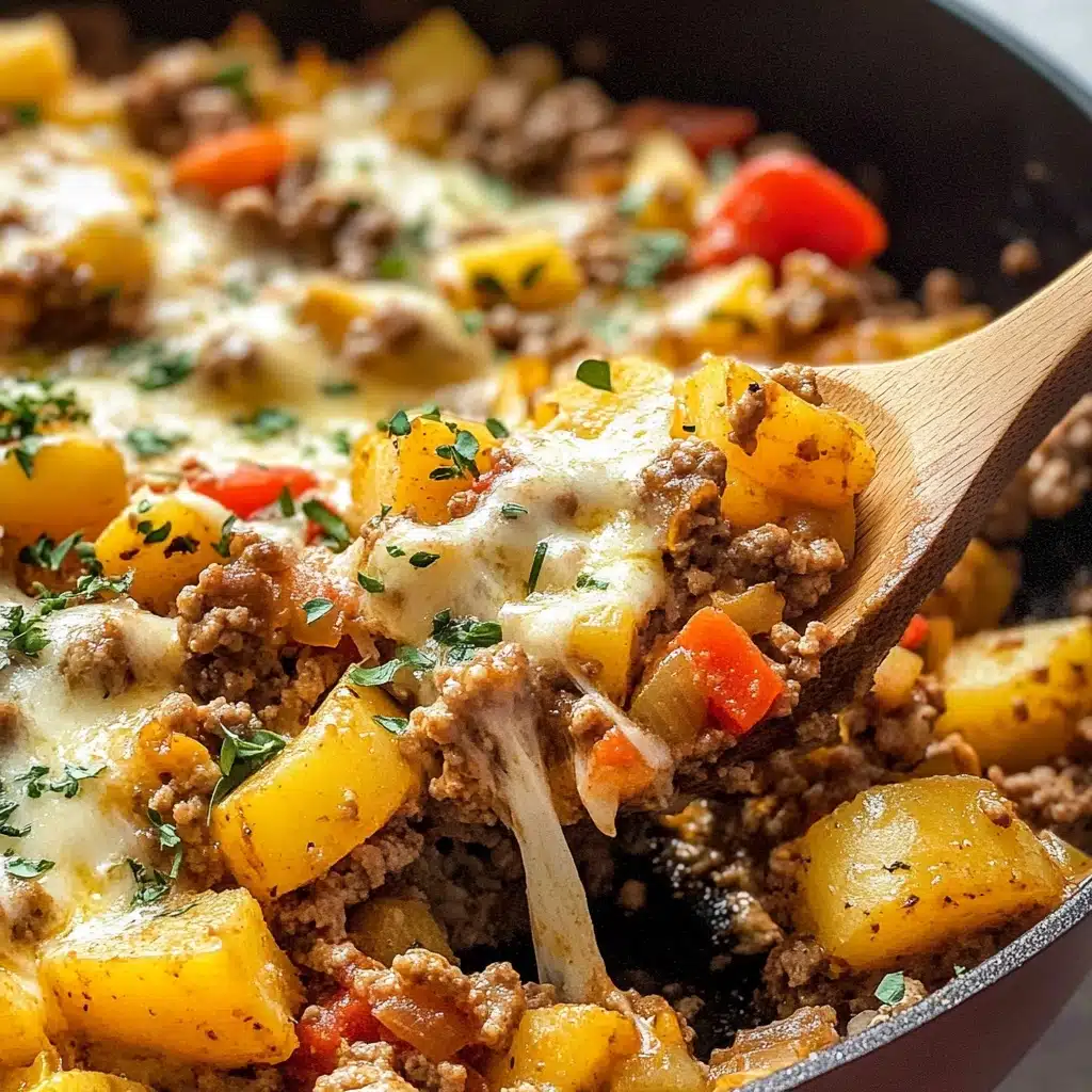 Mexican Ground Beef and Potato Skillet, easy Mexican dinner, quick ground beef recipes, one-pan beef and potato skillet, family-friendly weeknight meal The image shows a close-up of a cooked dish in a pan with several layers. The first layer is a mix of cooked ground meat, small yellow potato cubes, and red bell pepper pieces, all slightly browned. The second layer is melted pale yellow cheese stretched between the pieces, adding texture and creaminess. Small green herb bits are sprinkled on top, adding a fresh touch and color contrast. A brown wooden spoon holds a portion of the dish, picking it up from the pan that has a dark interior, and the background is a white marbled surface.