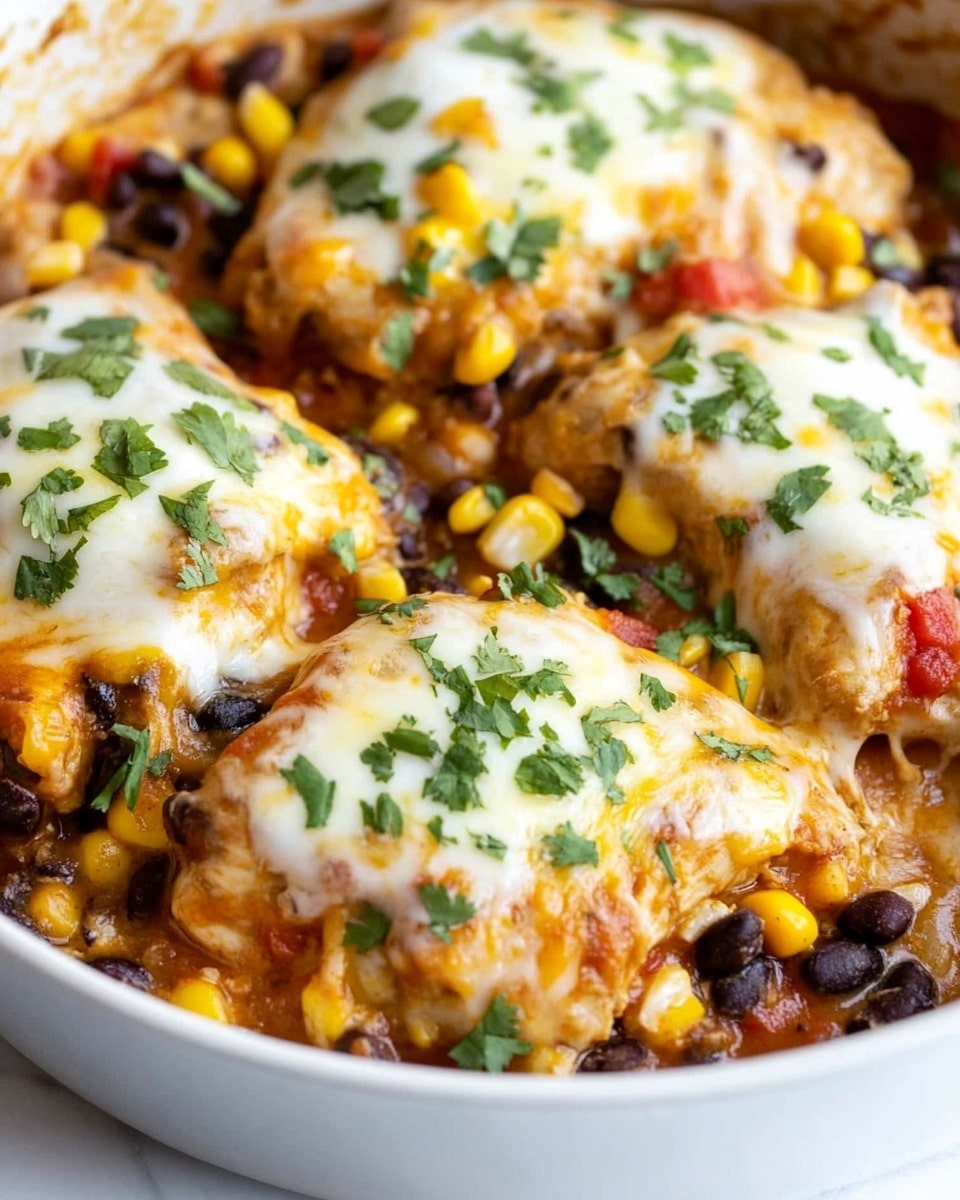 Santa Fe Chicken Skillet, Black Bean Corn Chicken Skillet, Easy Mexican Chicken Dinner, One-Pan Chicken Recipes, Moist Chicken with Black Beans and Corn The dish shows four pieces of cooked chicken topped with melted cheese that is white and yellow, with a smooth, creamy texture. Under the cheese are visible layers of black beans, corn, and small diced red tomatoes mixed with green herbs, all spread evenly over the chicken. The chicken pieces sit closely together in a white pan, with more corn and beans filling the spaces between them. The background is a white marbled surface with soft light illuminating the dish, making the colors bright and fresh.