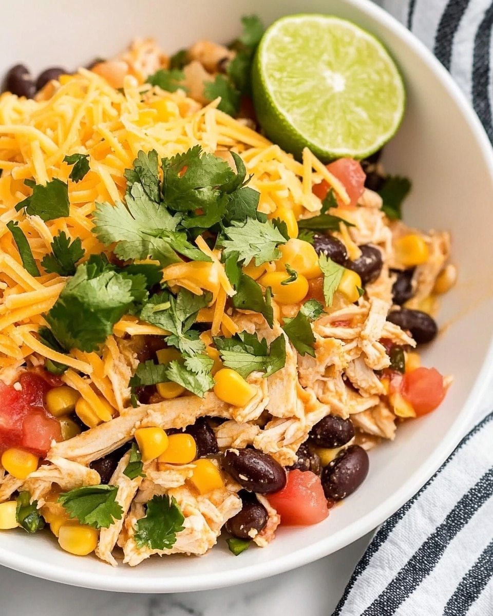 Instant Pot Santa Fe Chicken Burrito Bowls, easy burrito bowl recipes, healthy chicken dinner ideas, weeknight meal prep, flavorful Instant Pot recipes The dish is presented in a white bowl with the first layer of light brown rice at the bottom, topped with a mix of shredded chicken, black beans, diced red tomatoes, and yellow corn kernels evenly spread across the middle layer. On top of this, there is a dollop of white sour cream in the center, covered with a generous layer of shredded bright orange cheese. Fresh chopped green lettuce fills half of the bowl along the edge, and chopped cilantro is sprinkled on top of the cheese and sour cream. A green lime wedge rests on the side of the bowl. The bowl sits on a white marbled surface with small clear bowls containing more chopped cilantro, lettuce, sour cream, and lime wedges surrounding it. A black fork rests nearby on a gray and white striped cloth.