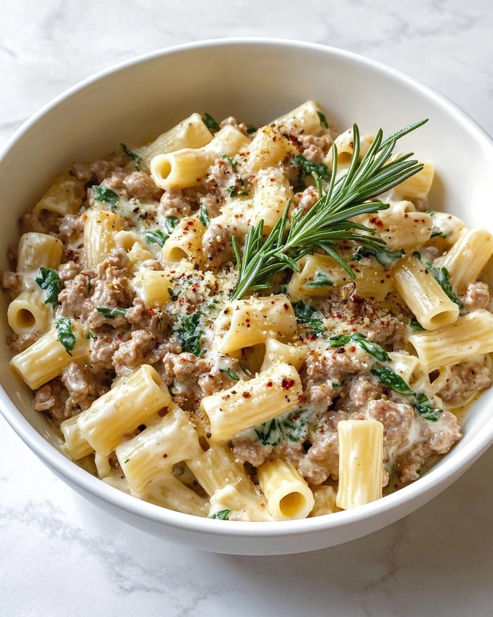 Creamy Sausage and Spinach Pasta, Italian sausage pasta with spinach, quick comforting pasta recipes, easy sausage pasta dinner, indulgent creamy pasta dish The dish shows a close-up of a white bowl filled with rigatoni pasta mixed with a creamy beige sauce that coats the pasta evenly. There are small pieces of browned ground meat scattered throughout and bright green spinach leaves mixed in, adding color contrast. Thin shreds of pale cheese are visible on top, melting into the sauce, with a sprig of fresh green rosemary placed near the edge. The bowl rests on a white marbled surface, giving a clean and simple background.