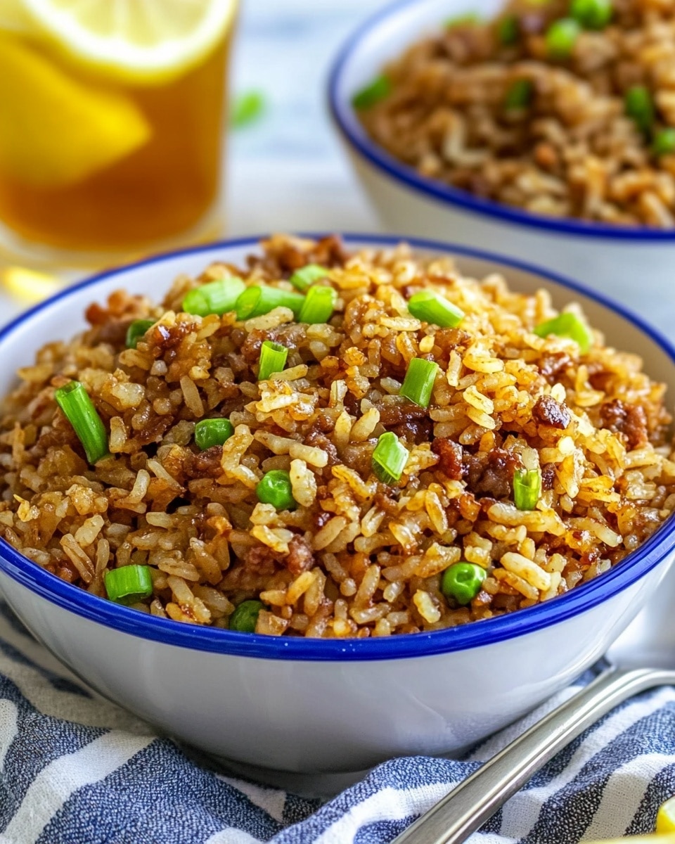Easy Cajun Sausage Rice, Cajun Sausage Rice, Dirty Rice, Cajun rice recipe, Sausage and Rice dinner A close-up view of two white bowls with blue rims, each filled with brown fried rice mixed with small pieces of browned meat and sprinkled with chopped green onions on top. The bowl in front is the main focus, showing a heaping mound of the rice with a slightly greasy texture and bits of seasoning visible. A silver spoon rests on a striped cloth beneath the bowl. In the background, a glass of iced tea with lemon slices and half a lemon on the white marbled surface can also be seen.