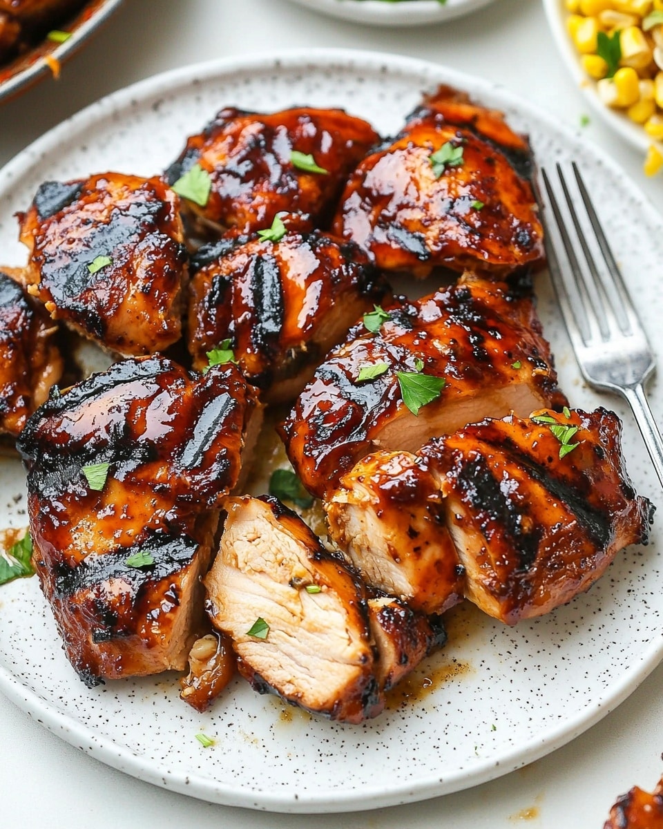 Caramelized BBQ Chicken Thighs in the Oven, BBQ chicken thigh recipes, baked BBQ chicken, oven-roasted BBQ chicken, easy chicken dinner recipes On a white speckled plate, there are several pieces of grilled chicken with a shiny, dark orange glaze and charred edges. The chicken is partly whole and partly sliced into thick strips showing the light inner meat. The chicken pieces are sprinkled with small green herb bits. A fork touches one piece from the right side of the plate. The plate is set on a white marbled surface, and parts of other dishes with yellow corn and mixed shredded vegetables can be seen around.