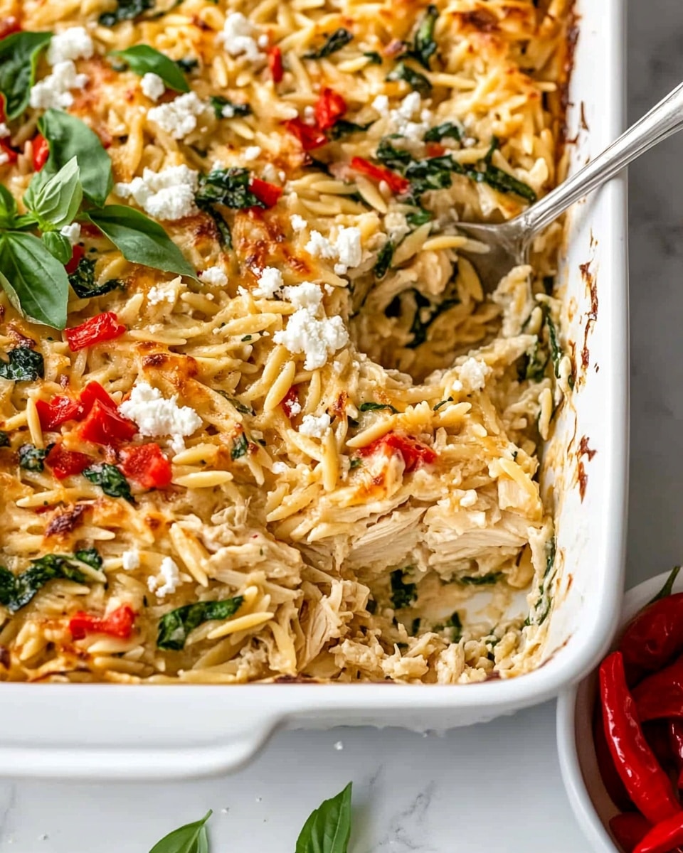 Greek Chicken Casserole with Orzo, Greek Chicken casserole with feta and sun-dried tomatoes, easy Greek chicken bake, Mediterranean chicken pasta bake, flavorful chicken and orzo casserole The image shows a white rectangular baking dish filled with a layered casserole. The top layer is a mix of shredded light beige chicken, small chunks of red roasted peppers, finely chopped green herbs, and scattered white crumbles of cheese. The texture looks creamy with some pieces of cooked spinach or leafy greens mixed throughout. A silver spoon is partly inside the dish, showing a scoop taken out and revealing similar layers inside. The dish sits on a white marbled surface, with a small white bowl of red roasted peppers beside it.