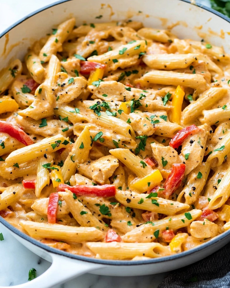 One Pot Cajun Chicken Pasta, Cajun Chicken Pasta, Easy Cajun Pasta, Creamy Cajun Pasta, Spicy Chicken Pasta A white pan filled with a creamy pasta dish that has 3 layers: the base layer is light yellow penne pasta, mixed evenly with irregular pieces of light brown cooked chicken, followed by bright red and yellow bell pepper strips scattered throughout, and topped with fresh green parsley sprinkled all over. The creamy sauce lightly coats every piece, creating a smooth texture that mingles with the colorful ingredients. The pan sits on a white marbled surface with a dark cloth partially underneath it, making the dish look warm and inviting.