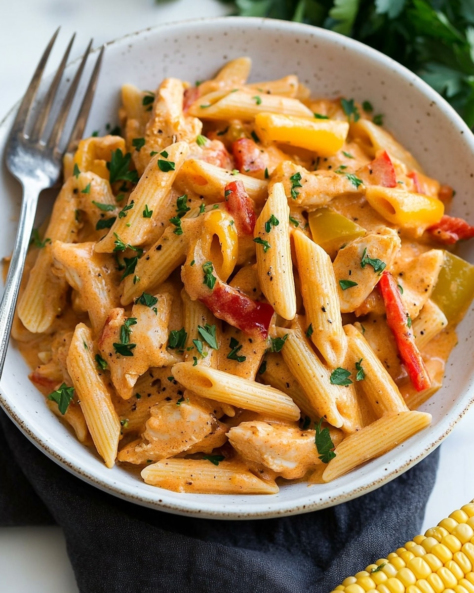 One Pot Cajun Chicken Pasta, Cajun Chicken Pasta, Easy Cajun Pasta, Creamy Cajun Pasta, Spicy Chicken Pasta A white bowl filled with creamy penne pasta mixed with small pieces of light brown chicken, red and yellow bell pepper strips, all coated in a light orange sauce. The pasta and chicken are topped with dark green parsley leaves and small sprinkled herbs. A silver fork rests on the left edge of the bowl. The bowl sits on a dark cloth on a white marbled surface, with some green herbs scattered nearby and a yellow corn cob partially visible at the bottom right.