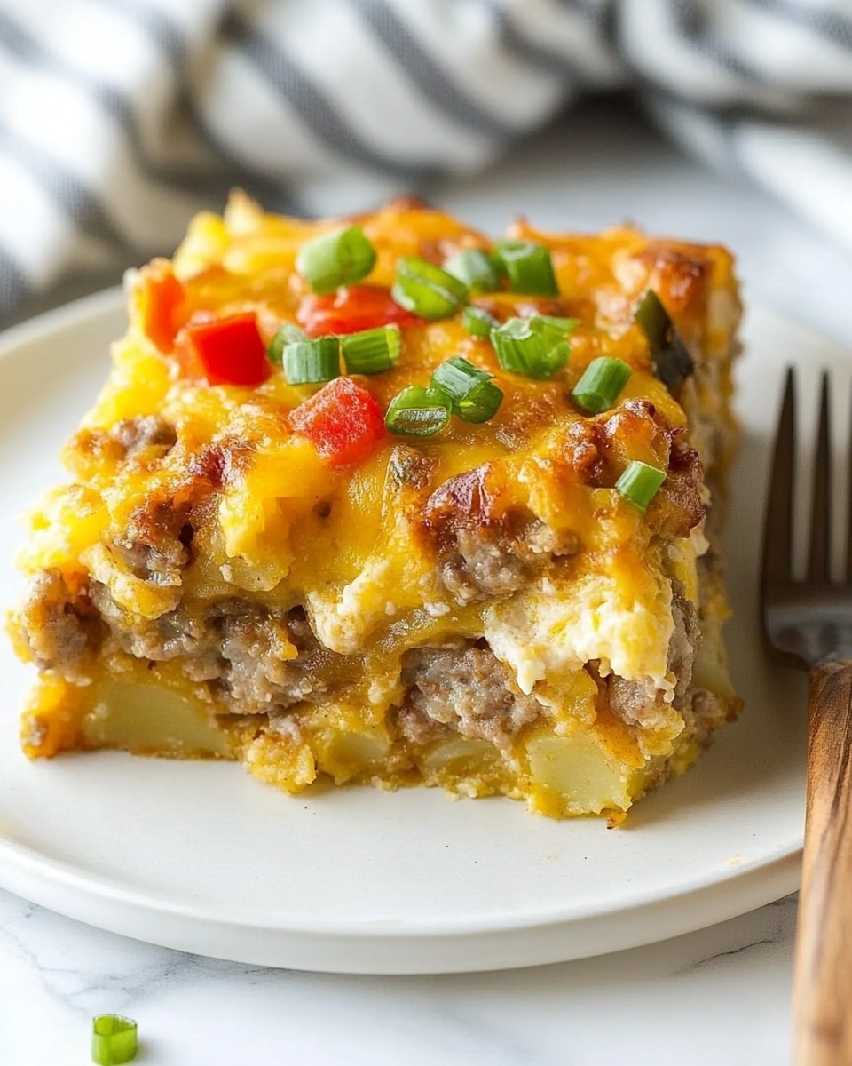 Tater Tot Breakfast Casserole with Sausage, savory breakfast casserole, easy morning breakfast ideas, family brunch recipes, hearty breakfast casserole A square piece of breakfast casserole sits on a white plate, layered with a golden crispy base, a middle layer of soft, creamy potatoes, and a top layer rich with browned sausage pieces, melted yellow and orange cheese, and scattered bits of red and green peppers. Small chopped green onions are sprinkled on top, adding a fresh touch. A fork with a wooden handle rests by the casserole, and the whole scene is set on a white marbled surface with a striped cloth in the background.