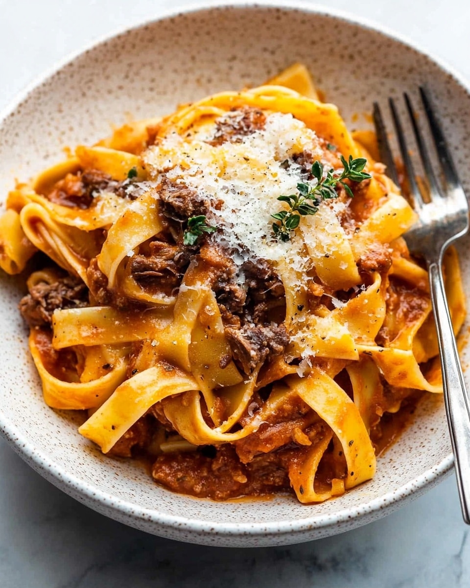 Short Ribs with Pappardelle, Italian short ribs recipe, braised short ribs with pasta, slow-cooked beef pasta dish, easy gourmet short ribs A white speckled bowl sits on a white marbled surface, filled with wide, soft yellow pasta ribbons twisted and piled in three visible layers. The pasta is coated in a rich orange-brown sauce with bits of dark, shredded meat visible between the layers. On top, there is a generous sprinkling of finely grated white cheese and a few small green herb sprigs for color. A silver fork rests on the right side of the bowl, its tines partly inserted into the pasta.