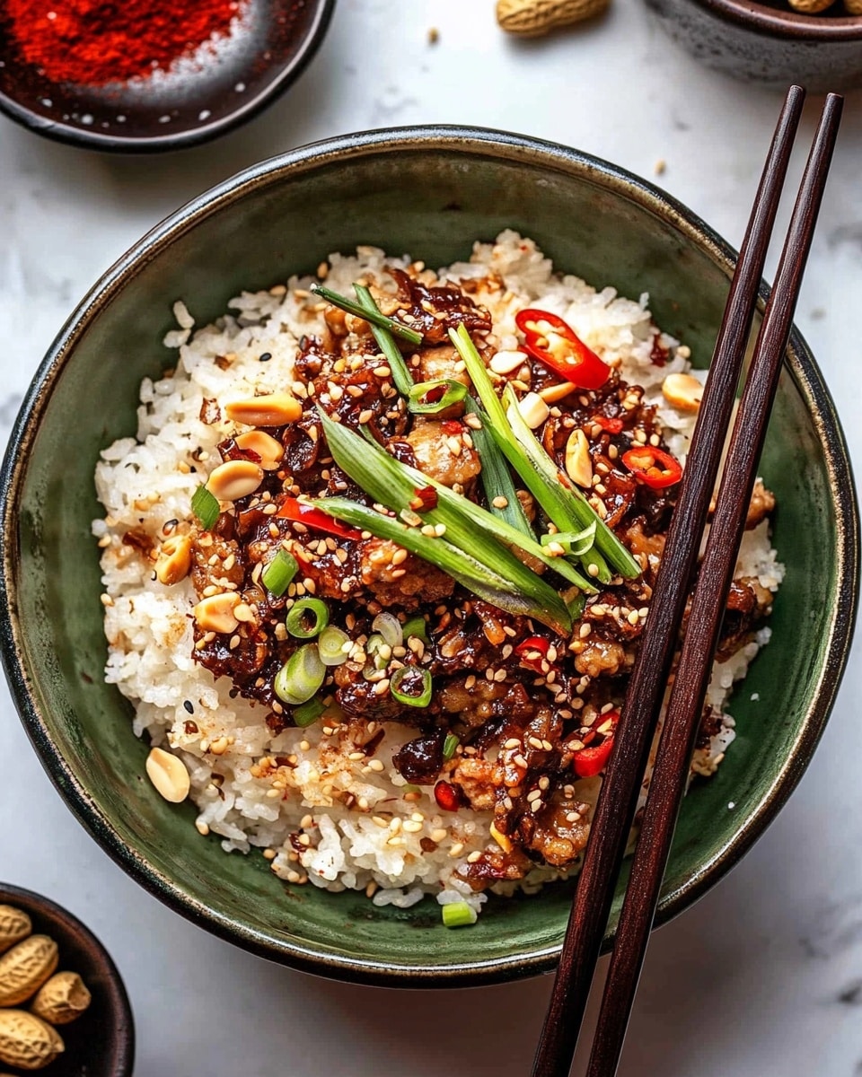 20 Minute Korean Gochujang Beef Bowls, Korean beef bowl recipe, quick Korean beef dinner, spicy gochujang beef bowls, easy Korean dinner ideas The image shows a close-up of a cooked dish in a pan with two main layers: a dark brown, textured layer of small, crumbly meat pieces mixed with sesame seeds, and a layer of bright red, glossy bell pepper strips scattered throughout. The meat appears moist and coated in a shiny sauce that pools slightly at the bottom, while thin slices of cooked onion are also visible, adding a translucent light brown color. The mix looks rich and slightly oily, with some specks of red chili flakes adding tiny spots of deeper red. The scene is set on a white marbled surface.