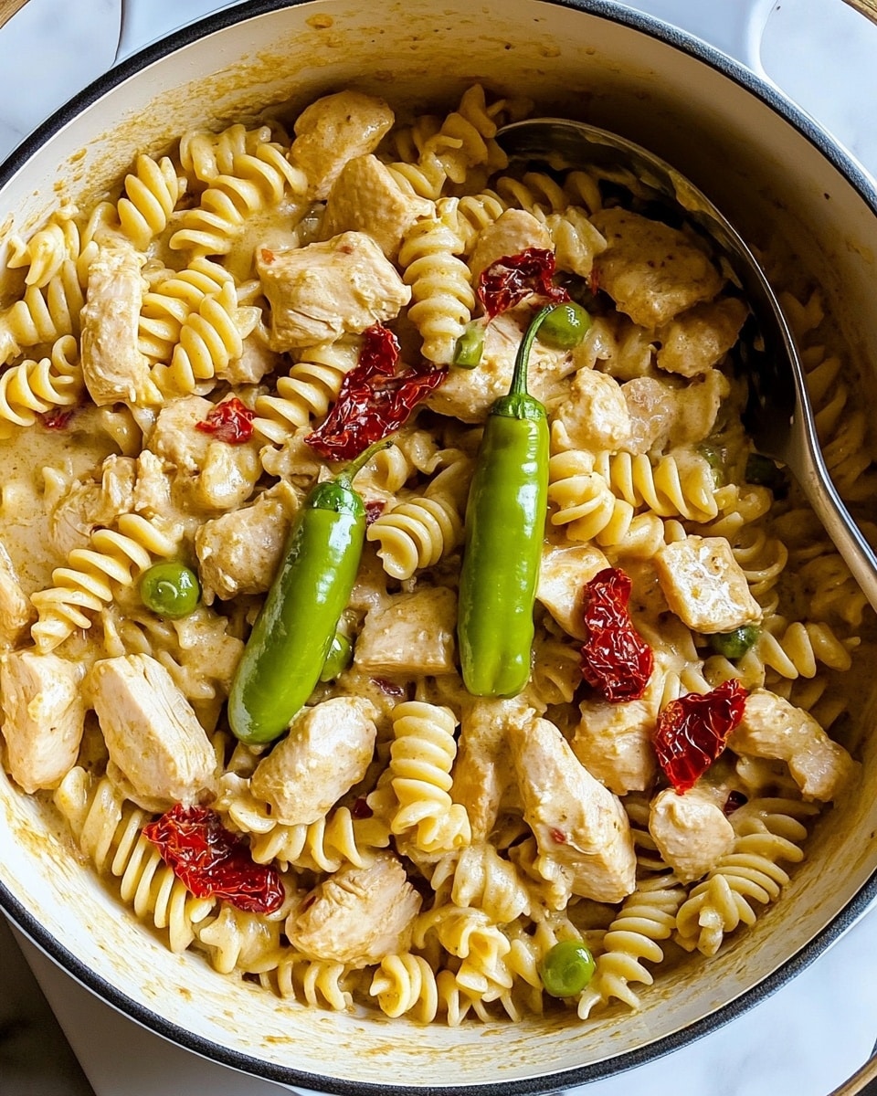 Pepperoncini Chicken Pasta, spicy chicken pasta recipe, creamy pasta with pepperoncini, quick weeknight dinner ideas, tangy chicken pasta dish Inside a white pot with two handles, there is a mix of short spiral pasta and chunks of light brown cooked chicken. Mixed in are small pieces of green pepper and bits of red pepper, all coated in a light sauce that gives a slightly shiny look. A metal spoon with a wooden handle rests on the food near the side of the pot. The pot sits on a wooden board, placed on a white marbled surface