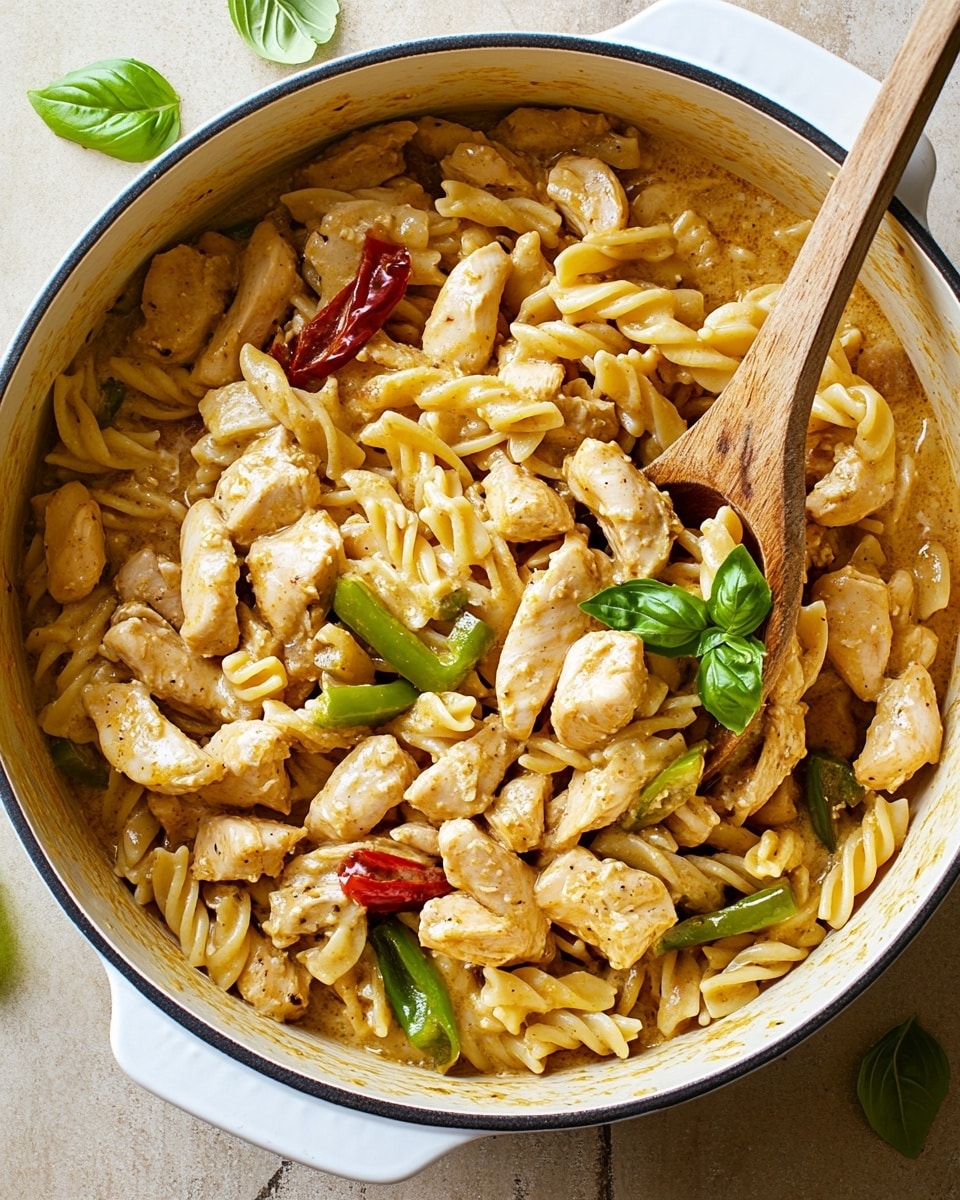 Pepperoncini Chicken Pasta, spicy chicken pasta recipe, creamy pasta with pepperoncini, quick weeknight dinner ideas, tangy chicken pasta dish The dish shows a white pot filled with spiral pasta mixed with small pieces of light brown cooked chicken, dotted with bits of red sun-dried tomatoes and chopped green chili peppers scattered evenly. The pasta and chicken are coated in a creamy, beige sauce that looks smooth and thick. Two whole bright green pepperoncini peppers sit on top, adding contrast in color and texture. A metal spoon with a wooden handle is partly resting on the pasta inside the pot. The pot is set on a white marbled surface.