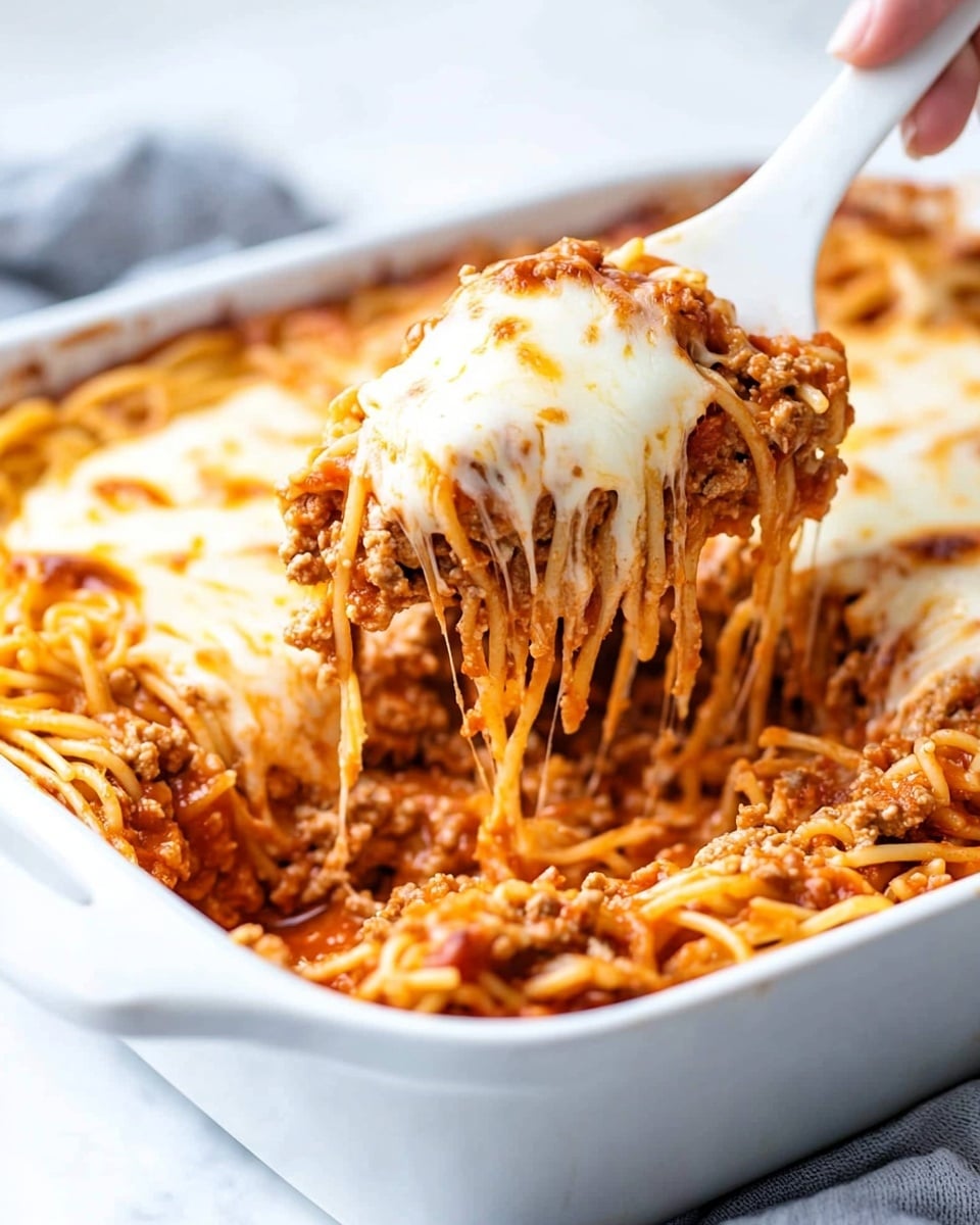 Million Dollar Spaghetti, Easy baked spaghetti with cheese, Cheesy baked pasta with ground turkey, Italian-inspired comfort food, Perfect weeknight dinner ideas A white baking dish holds a layered spaghetti casserole, with a woman's hand lifting a large scoop on a white spatula. The dish has three main layers: the bottom and middle layers show cooked spaghetti mixed with a rich red tomato sauce and browned ground meat, creating a thick, textured layer of noodles and meat. The top layer is fully covered with melted cheese that is golden brown in spots, adding a smooth and slightly bubbly texture. The background surface has a white marbled texture.