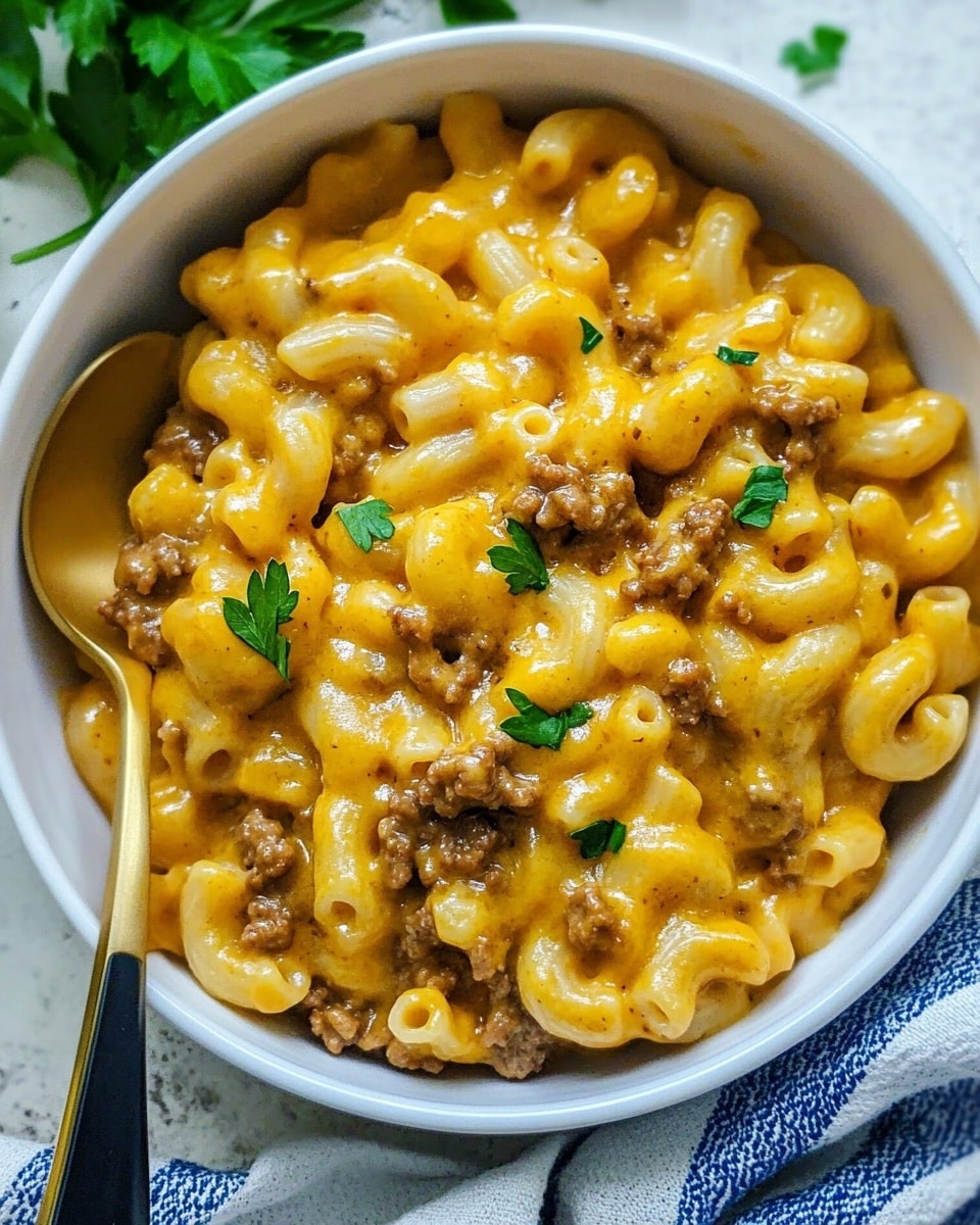 One Pot Cheeseburger Helper, homemade cheeseburger skillet, quick weeknight dinner, cheesy ground beef casserole, easy comfort food A white bowl is filled with creamy macaroni and cheese with ground meat mixed in. The dish has one main layer of yellow macaroni pasta coated in a thick, smooth orange cheese sauce, dotted with small chunks of brown ground meat and sprinkled with small green parsley leaves. A gold and black spoon is partially submerged on the left side in the bowl. The bowl sits on a blue and white cloth on a white marbled surface, with a few fresh parsley leaves placed nearby.