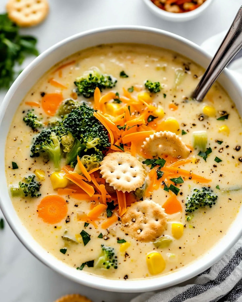 One Pot Creamy Vegetable Soup, easy vegetable soup, healthy vegetable soup, creamy vegetable soup recipe, quick vegetable soup A close-up view of a white bowl filled with creamy soup that has a light yellow color and visible black pepper and herbs. The soup contains layers of colorful vegetables including green broccoli, orange carrot slices, yellow corn kernels, and light green celery pieces. On top, there are shredded orange cheese, small circular white crackers, and chopped green herbs sprinkled neatly in the center. The bowl is placed on a white marbled surface with a striped cloth underneath, and a silver spoon is inside the bowl. In the background, two small white bowls with red pepper flakes and green herbs are partially visible.
