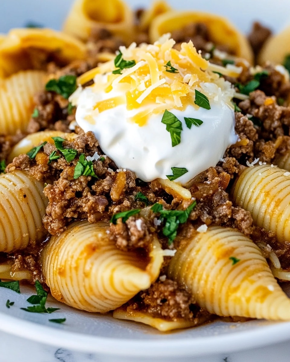 Cheesy Taco Pasta, Taco Pasta, Easy Taco Pasta Dinner, Cheesy Pasta Recipes, Quick Taco Pasta A white plate filled with large pasta shells stuffed with brown cooked ground meat, scattered with small green herb pieces. On top, there is a dollop of white sour cream, sprinkled with shredded yellow cheese and more green herbs. The pasta and meat create a textured, layered look, with the creamy white topping standing out in the center. The plate sits on a white marbled surface.