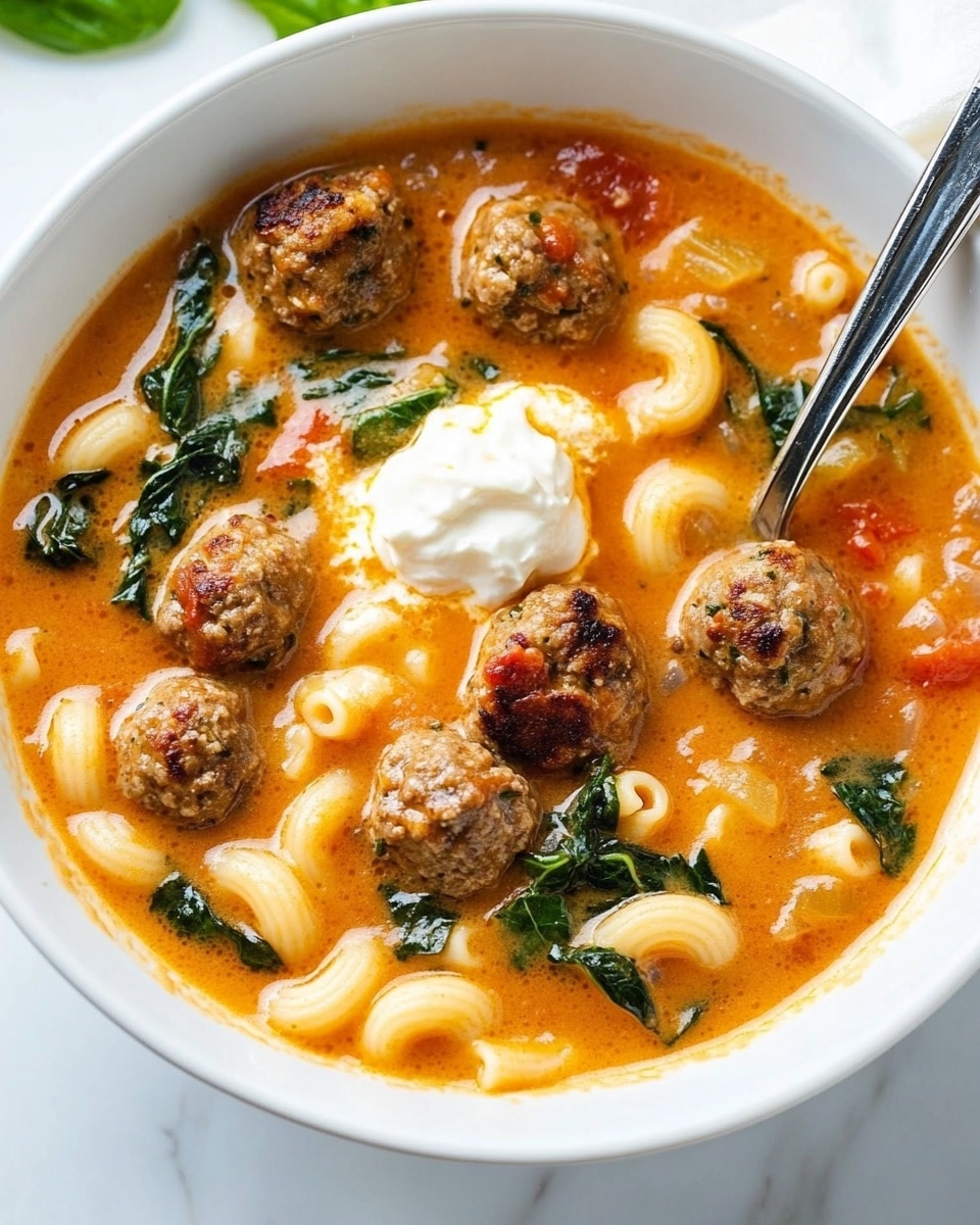 Hearty Meatball Soup with Spinach and Ricotta, Italian meatball soup, comforting tomato-based soup, easy one-pot Italian soup, hearty ground meat and spinach soup A white bowl filled with an orange creamy soup containing small browned meatballs scattered through it. There are light yellow curved pasta pieces and dark green leafy vegetables mixed into the soup. Bright red tomato chunks add color contrast. In the center, a dollop of white creamy cheese sits partially melted. A silver spoon rests inside the bowl, showing a close-up of the soup texture. The bowl sits on a white marbled surface.