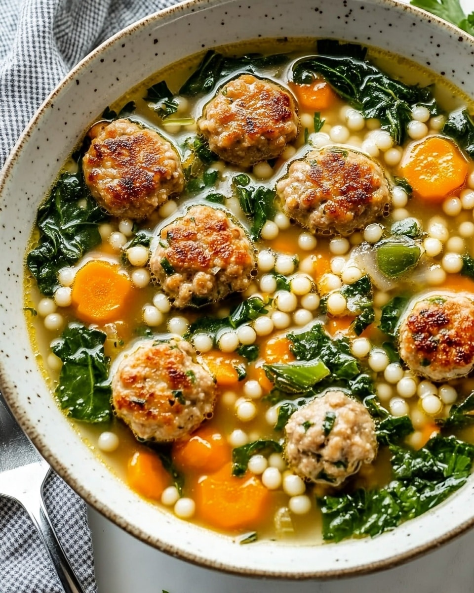 Italian Wedding Soup, Italian Wedding Soup recipe, homemade Italian Wedding Soup, comforting Italian soup, easy Italian Wedding Soup A white bowl filled with a soup showing about four layers: the base layer is a clear light yellow broth with small white pearl-like grains; the second layer has bright orange carrot slices and leafy green spinach scattered evenly; the third layer contains browned small meatballs lightly browned on the outside, sitting among the vegetables; the top is sprinkled with finely chopped green herbs. A silver spoon rests inside the bowl on the left side. The bowl sits on a blue and white checkered cloth on a white marbled surface. In the background, there is a wooden bowl with black pepper and a white bowl with more chopped green herbs.
