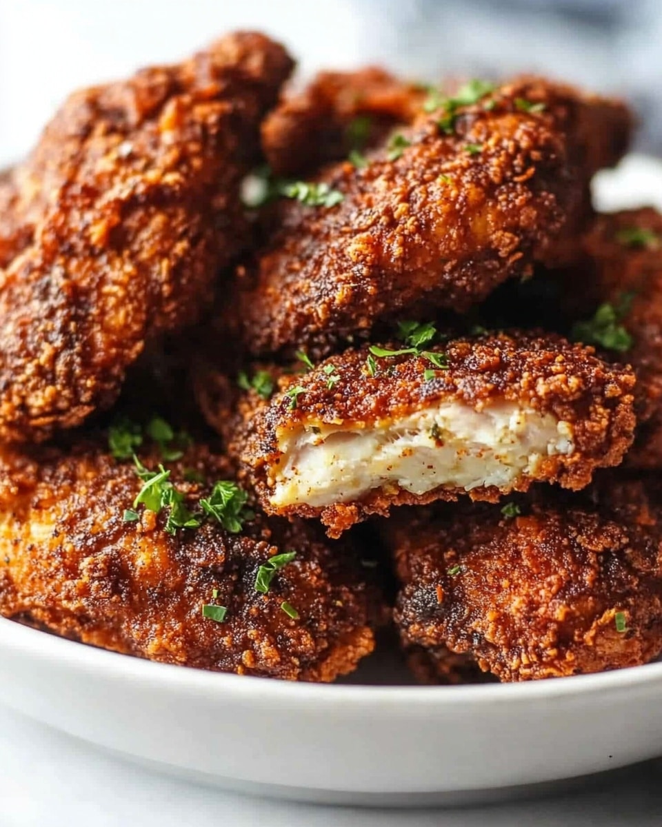 A pile of five crispy fried chicken pieces with a dark brown, crunchy coating sits in a white bowl. The chicken layers show a textured, crumbly crust on the outside, with the inside layers being moist and white. Small green herbs are sprinkled on top, adding a touch of color to the deep reddish-brown crust. The arrangement is close up and fills most of the bowl, which rests on a white marbled surface. Photo taken with an iphone --ar 4:5 --v 6.1