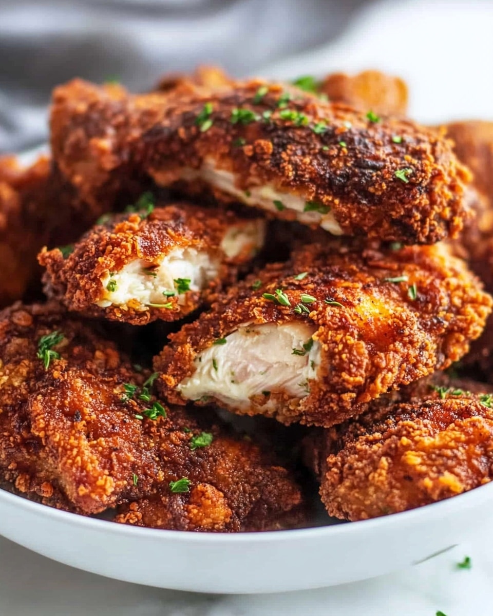 A white bowl filled with several pieces of fried chicken with a dark, crispy crust that has a rough texture and reddish-brown color, sprinkled with small green herb flakes. Some chicken pieces are stacked, showing the white inner meat surrounded by the thick fried crust. The bowl is on a white marbled surface with a soft-focus background featuring muted colors. Photo taken with an iphone --ar 4:5 --v 6.1