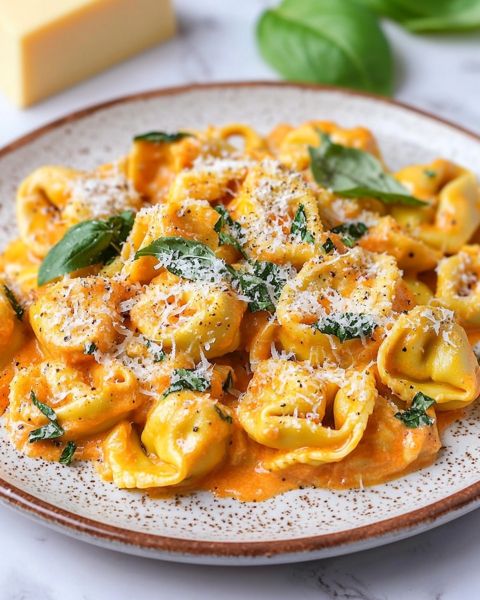 A white plate with brown swirl patterns holds a serving of tortellini pasta covered in a creamy orange sauce. The pasta pieces are plump and rich, mixed with bright green basil leaves scattered on top and around the dish. Some grated white cheese and small flecks of black pepper sprinkle over the pasta, adding texture and contrast. The plate sits on a white marbled surface, with two blocks of pale yellow cheese slightly blurred in the background. Photo taken with an iphone --ar 4:5 --v 6.1