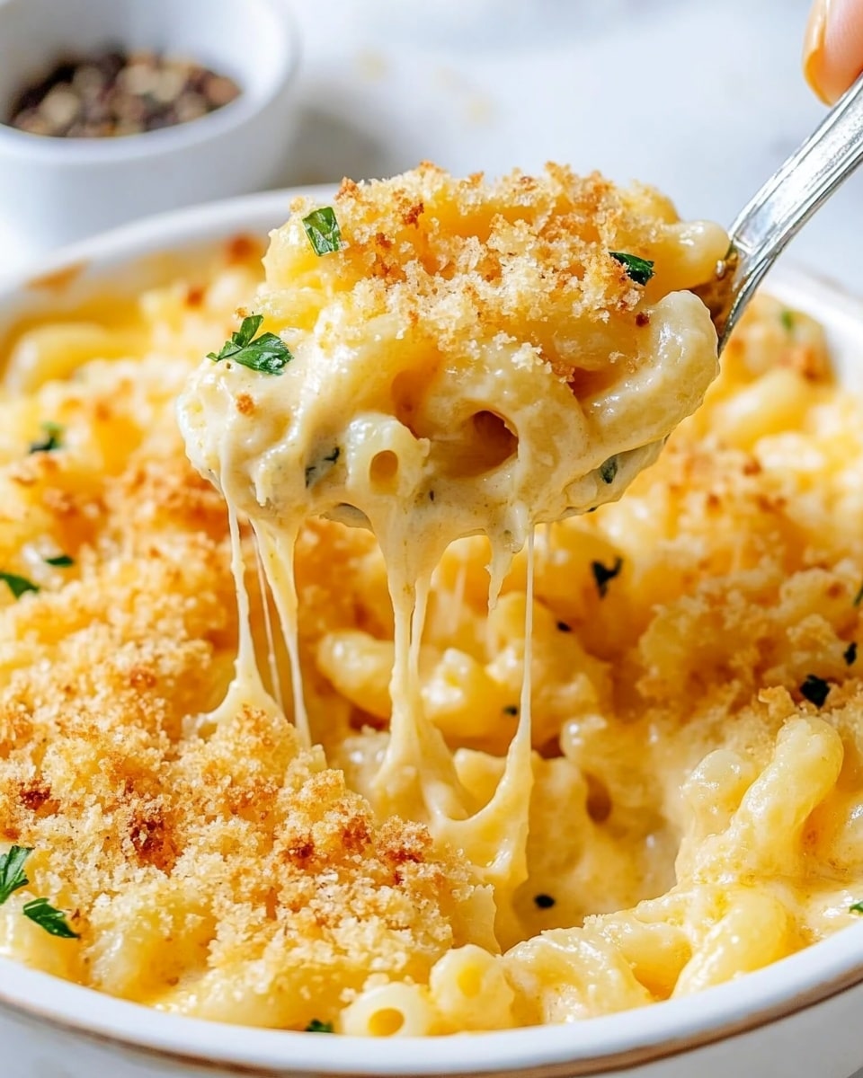 A close-up of a cheesy macaroni dish being lifted out of a white bowl with a silver spoon. The macaroni is covered in a thick, creamy cheese sauce that is a bright orange-yellow color and shows some stretching melted cheese strands. The top layer is sprinkled with golden-brown toasted breadcrumbs mixed with small bits of green herbs, adding texture and color. The background shows a small white bowl with what looks like pepper, and everything rests on a white marbled surface. Woman's hand holds the spoon lifting the macaroni. photo taken with an iphone --ar 4:5 --v 6.1