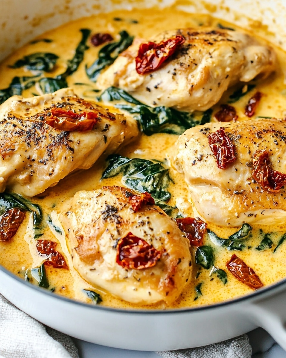 The image shows a white pan filled with four thick pieces of cooked chicken placed evenly on the bottom layer. The chicken has a light golden brown color with a slightly speckled texture from seasoning. Surrounding and covering parts of the chicken is a creamy light orange sauce with a smooth texture. Mixed in the sauce are dark green spinach leaves and scattered pieces of reddish dried tomatoes, which add pops of color and texture contrast. The pan rests on a cloth with a soft, woven pattern, and the background is a white marbled surface. photo taken with an iphone --ar 4:5 --v 6.1