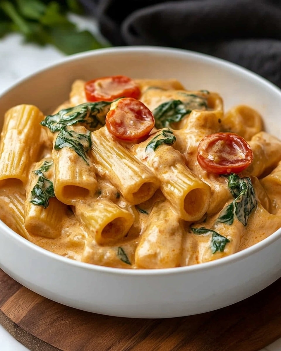 The image shows a bowl of creamy pasta in a white bowl placed on a wooden board. The pasta is rigatoni, coated in a thick, light orange cream sauce. Mixed in the pasta are pieces of green spinach leaves and red cherry tomato halves, adding color and freshness to the dish. The sauce looks smooth and rich, covering every piece of pasta evenly. The pasta is garnished with a sprinkle of chopped green herbs on top. The background is a white marbled surface with some blurred green herbs in the back, and a dark napkin to the side. photo taken with an iphone --ar 4:5 --v 6.1