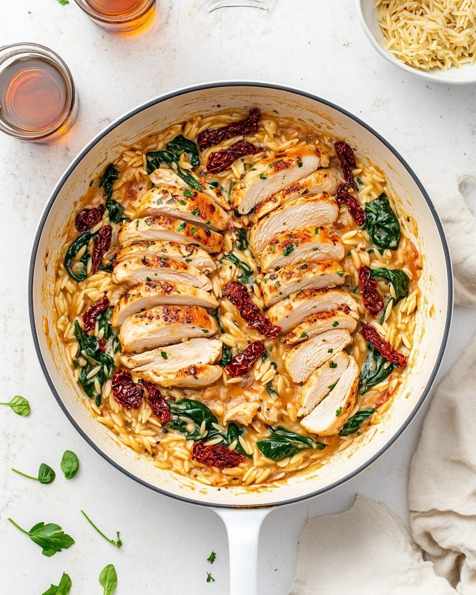 A white pan filled with sliced cooked chicken breast laid out on top of creamy orzo pasta mixed with green leafy spinach and small pieces of red sun-dried tomatoes, all coated in a rich light orange sauce with visible seasoning. The pan is placed on a white marbled surface with a light beige cloth underneath. Around the pan, there is a small white bowl filled with dark red sun-dried tomatoes in oil, and another white bowl with uncooked orzo pasta. A few small green herb pieces are scattered on the surface. Two clear glasses with liquid are partially visible in the top left. Photo taken with an iphone --ar 4:5 --v 6.1