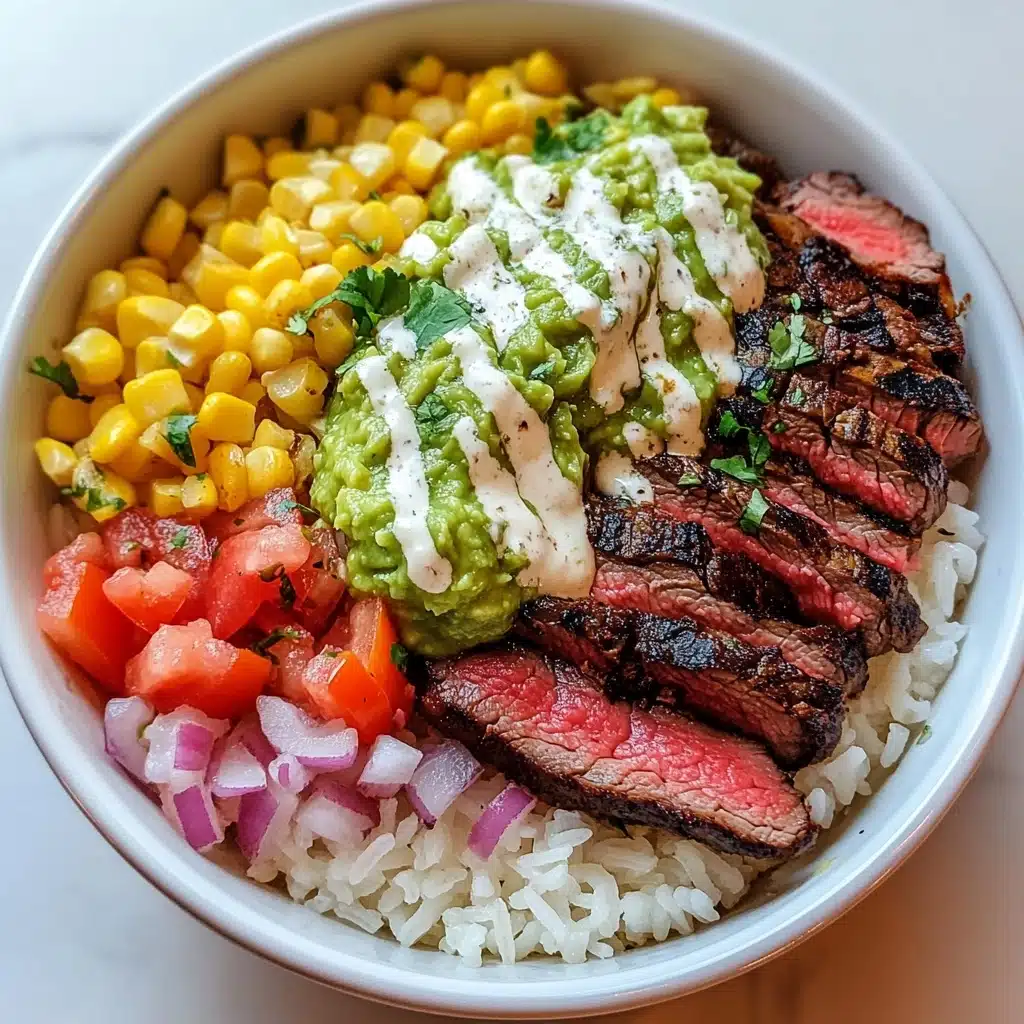 Steak Avocado and Roasted Corn Bowl with Cilantro Cream Sauce Recipe - Recipe Image