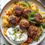 One Skillet Greek Meatballs and Lemon Butter Orzo with Whipped Feta Recipe