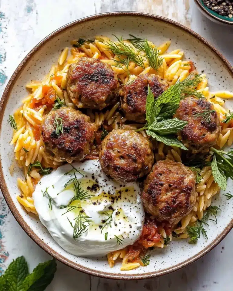 One Skillet Greek Meatballs and Lemon Butter Orzo with Whipped Feta Recipe