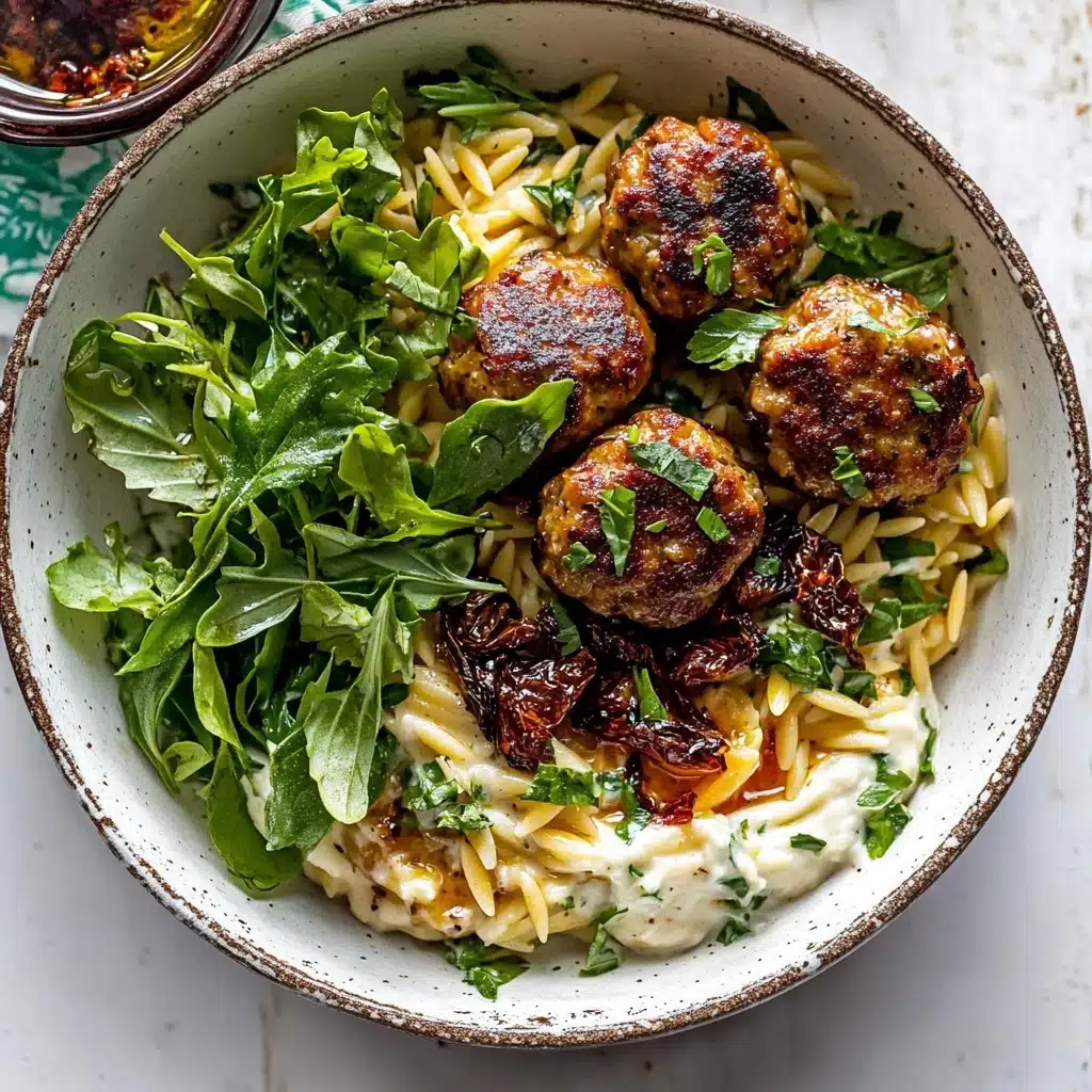 One Skillet Greek Meatballs and Lemon Butter Orzo with Whipped Feta Recipe - Recipe Image