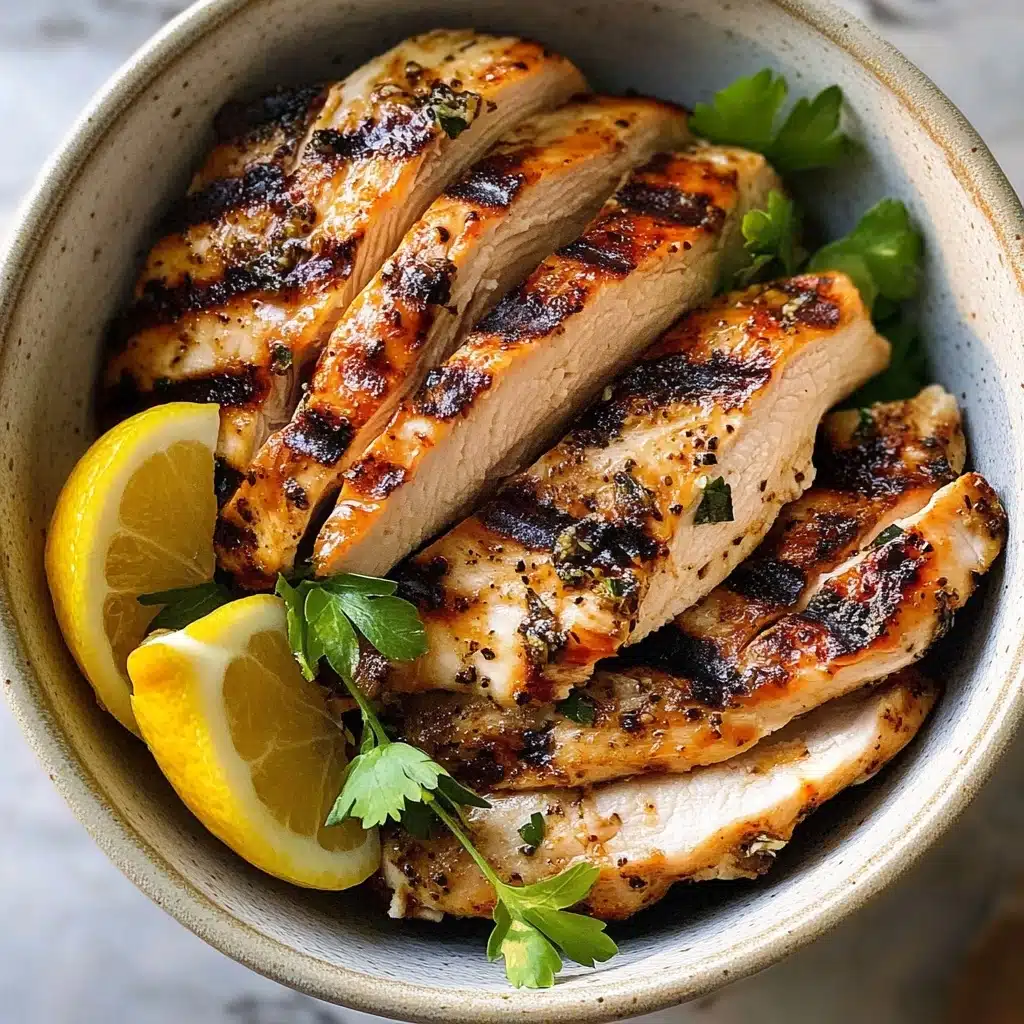 Garlic Lemon Herb Grilled Chicken, grilled chicken breasts with lemon and herbs, healthy grilled chicken recipes, easy chicken marinade, flavorful chicken dinner A white bowl contains grilled chicken cut into thick slices, showing a golden brown outer layer with charred black grill marks, and tender white inside. The chicken is placed in layers with slices overlapping each other, and fresh green herb sprigs rest gently on top. Two bright yellow lemon wedges are placed inside the bowl next to the chicken. The bowl is set on a white marbled surface.