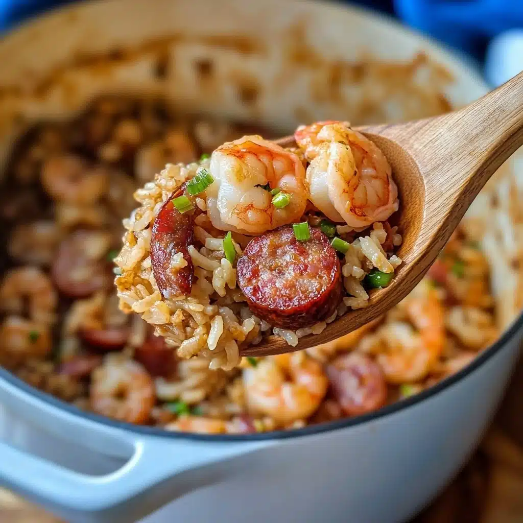 One Pot Sausage Shrimp and Rice, easy sausage and shrimp skillet, hearty one-pot dinner, quick rice and seafood dish, flavorful sausage and shrimp meal A wooden spoon holds a close-up of a dish with three visible layers: cooked shrimp with light pink and white tones on top, slices of browned sausage with reddish-brown color beneath, and golden brown rice mixed with small green garnish pieces like chopped scallions. The background shows a white pot filled with the same dish, slightly blurred, resting on a natural wood surface with a blue blurred cloth nearby. The colors and textures highlight a warm and hearty meal.