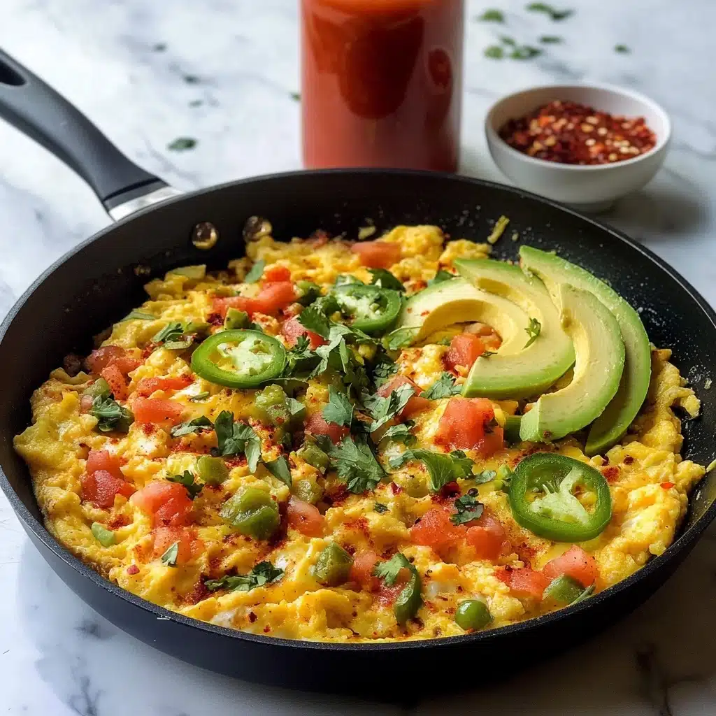 Mexican Scrambled Eggs with Crispy Tortillas, Mexican scrambled eggs, crispy tortilla breakfast, easy Mexican eggs recipe, savory scrambled eggs with tortillas A black pan shows a dish with scrambled eggs mixed with small pieces of red bell pepper, onions, and tomatoes, giving it a yellow base with spots of red and white. On top, there are scattered halved cherry tomatoes, thin slices of green jalapeño, and small green herb pieces, adding red and green colors. On the right side of the pan, there are three slices of light green avocado placed together. The pan is set on a white marbled surface.