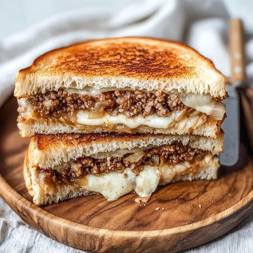 Classic Patty Melt Sandwich, Patty Melt Sandwich, cheeseburger sandwich, grilled onion melt, easy comfort food A toasted sandwich cut in half and stacked, showing two thick layers of cooked ground meat with a light brown color and a slightly crumbly texture. Between the meat layers, there are two layers of melted white cheese that stretch slightly, and between the cheese and meat are caramelized soft onions with a golden brown color. The sandwich bread is golden brown and crispy with a clear toasted texture on top, and the sandwich sits on a round wooden plate placed on a light gray cloth with a wooden knife handle partially visible. The background is a white marbled texture.