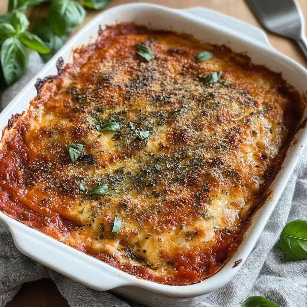 Provençal Eggplant Tomato Gratin, Mediterranean vegetable casserole, eggplant and tomato bake, hearty eggplant gratin, flavorful vegetable gratin A white baking dish holds a baked layered dish with three visible layers. The bottom layer is deep red tomato sauce, followed by a thick layer of melted cheese that is golden brown on top with some darker browned spots. The top layer is sprinkled evenly with dried green herbs, creating a textured look. The edges of the dish have some sauce stains. The dish sits on a light gray cloth on a wooden table with some fresh green basil leaves nearby. A silver spatula is partially visible in the top right corner. The