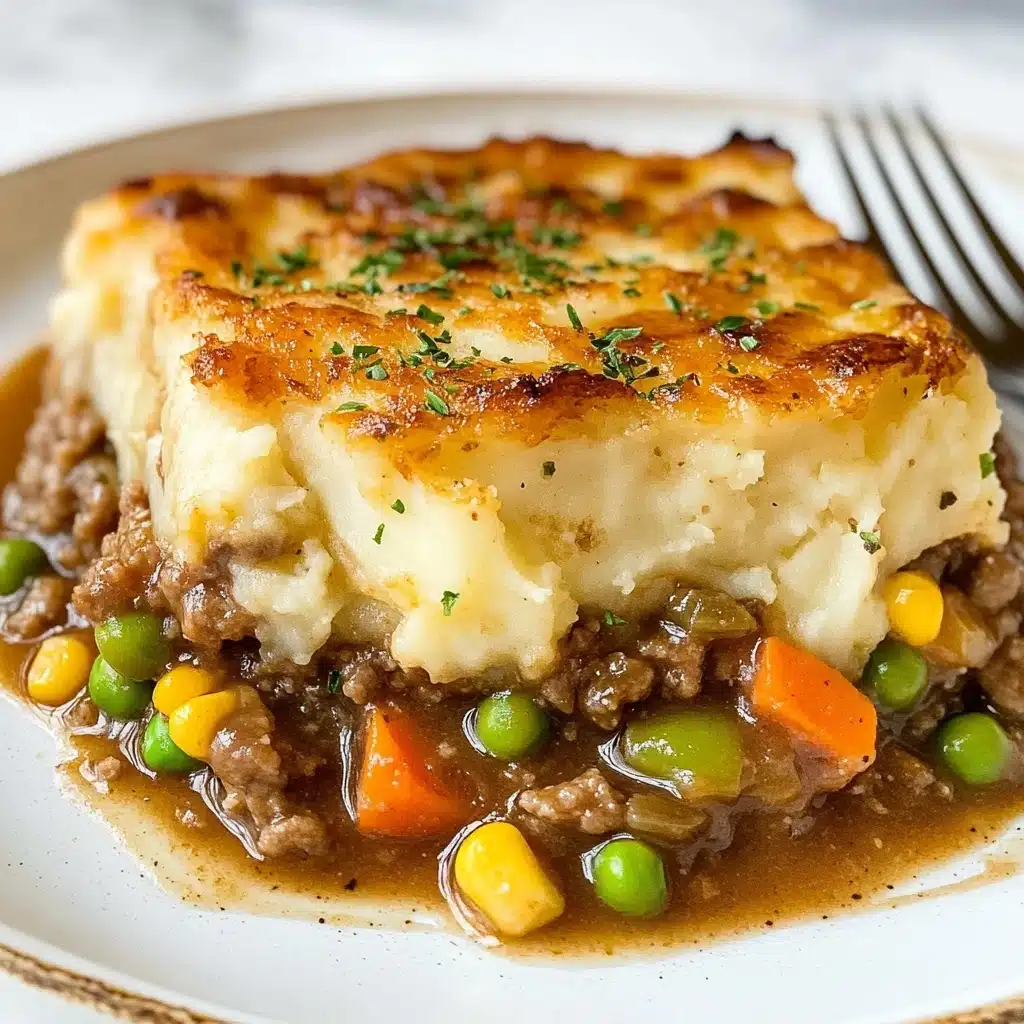Easy Shepherd's Pie, hearty comfort food, quick shepherd's pie, savory ground beef casserole, family favorite dinner A close-up of two square layers of shepherd's pie sits on a white plate. The bottom layer is a mix of brown ground meat and vegetables including bright orange carrots, green peas, and yellow corn, all coated in a shiny brown gravy. The top layer is a thick, creamy mashed potato, broiled to a golden brown with small bits of green herbs sprinkled on top. The edges show the slightly rough texture of the mashed potatoes, while a fork rests in the background. The surface under the plate is white marbled.