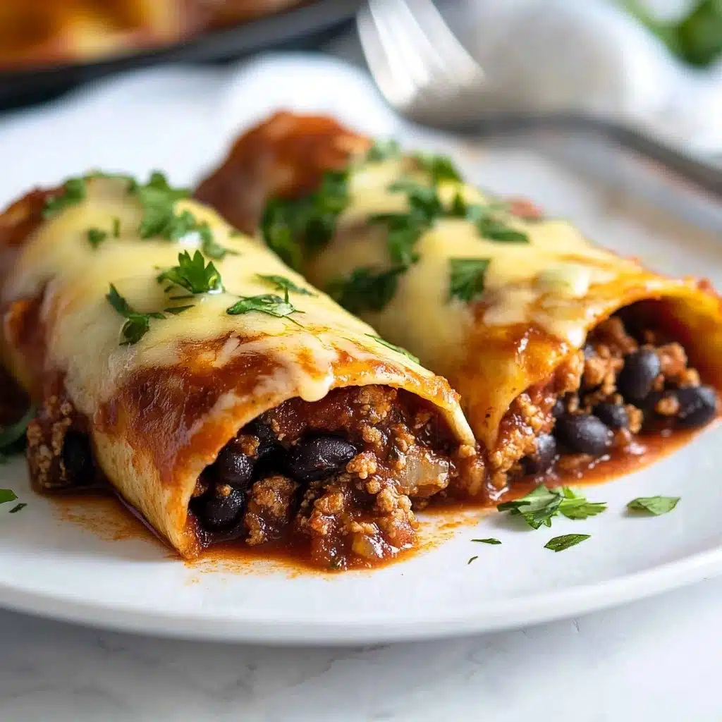 Beef Enchiladas, enchiladas recipe, cheesy beef enchiladas, easy Mexican dinner, homemade enchilada sauce A white rectangular baking dish holds six rolled tortillas filled with a dark red sauce. The tortillas are lightly browned on the edges and are covered with melted white cheese that stretches across the top. Fresh green cilantro leaves are scattered over the cheese, adding a pop of color. The dish sits on a white marbled surface with a crumpled white cloth partially visible on the side.