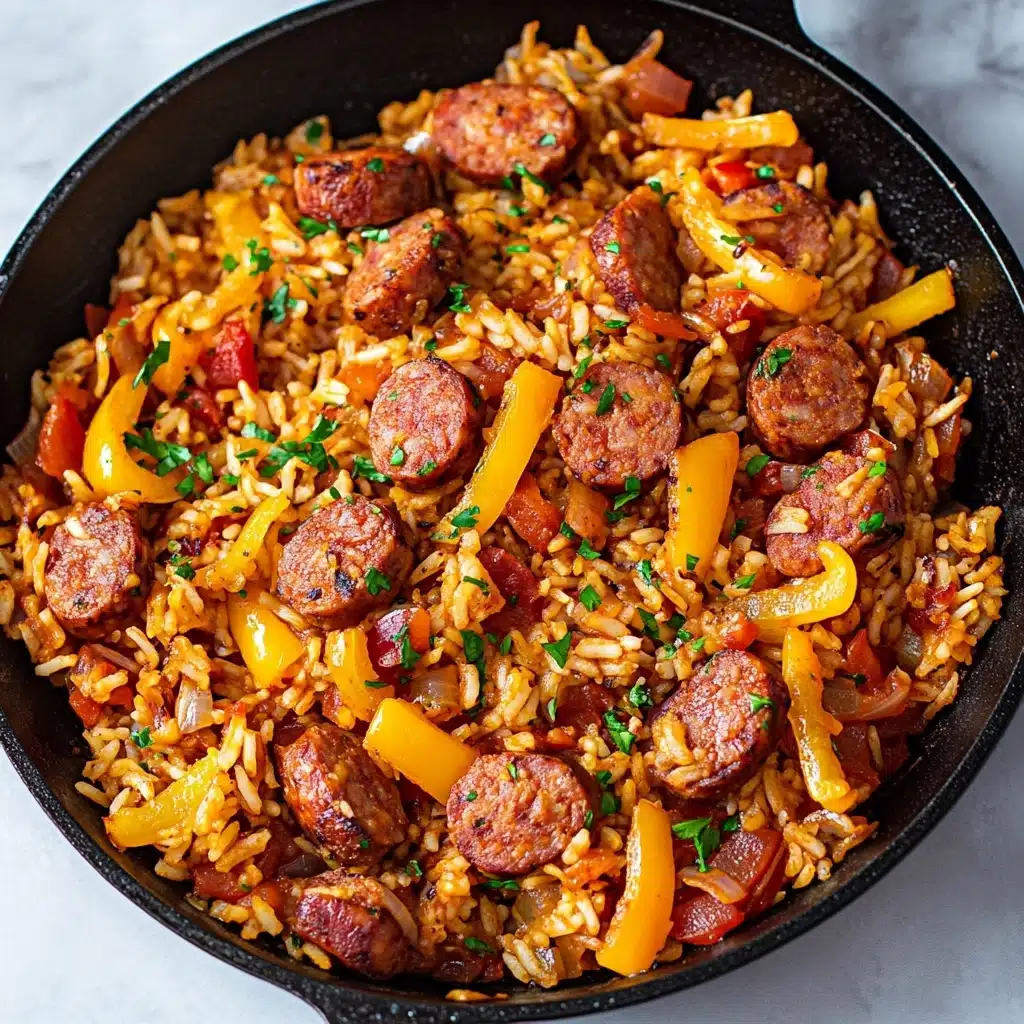 Sausage and Rice Skillet, sausage and rice skillet recipe, easy sausage skillet dinner, quick one-pan sausage rice, hearty skillet meal The image shows a black skillet filled with cooked rice mixed with sliced reddish-brown sausage pieces. Bright yellow and red bell pepper strips are scattered throughout the dish, adding pops of color. Small bits of green herbs are sprinkled over the rice and sausage, giving a fresh look. The rice has an orange tint, suggesting it is seasoned or cooked with tomato or spices. The skillet sits on a white marbled surface.